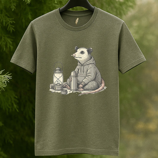 Cozy Opossum Camping T-Shirt - Funny Outdoor Adventure Tee